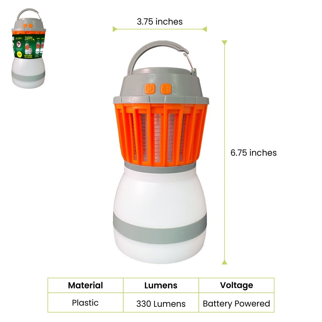 GoGreen Power (GG-ZAPPY) Zappy Rechargeable Lantern with Built in Bug Zapper, USB Rechargeable Lantern, 330 Lumens, Orange