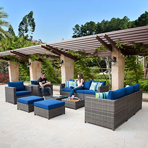 ovios Patio Furniture Set, 12 PCS Big Size Outdoor Furniture Set All Weather Rattan Wicker Sofa Sectional Set with Glass Table, Garden, Backyard, No Assembly Required (Navy Blue-Grey)