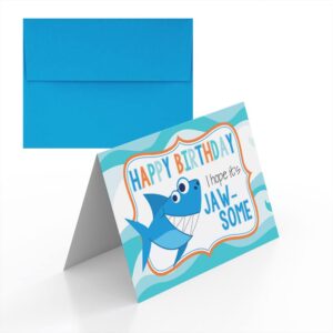 jaw-some day shark themed birthday pun themed single (1) all occasion blank birthday card to send to friends & family, 4"x 6" (when folded) fill in greeting note card by amandacreation