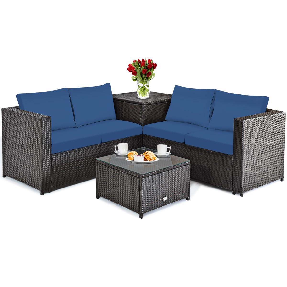 DORTALA 4-Piece Outdoor Patio Furniture Set, Weather Resistant PE Rattan Conversation Set with 2 Loveseats, Outdoor Sectional Sofa Set with Comfy Cushions for Garden and Poolside, Navy