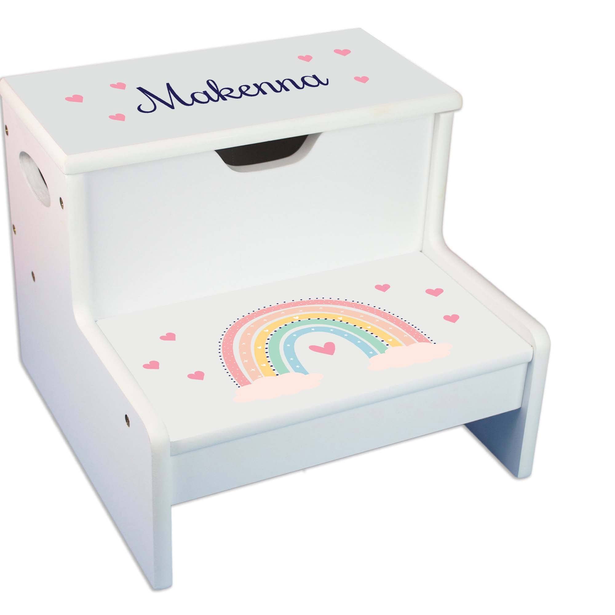 Personalized Boho Rainbow White Storage Step Stool Pastel