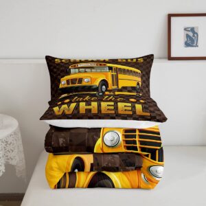 School Bus Comforter Set Queen for Boys Teens Grids Camouflage Quilted Duvet Kids Girls Youth School Car Bedding Set Lattice Camo Design Soft Microfiber Bedding Comforters With 2 Pillowcases