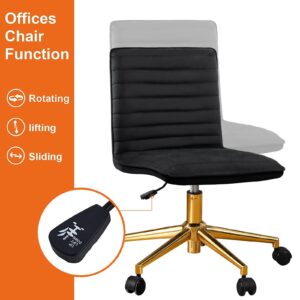 Furniliving Home Office Chair, Armless Vanity Chair with Wheels Swivel Velvet Computer Rolling Desk Chair with Back, Adjustable Accent Chair with Gold Metal Base Stool Chair,Black