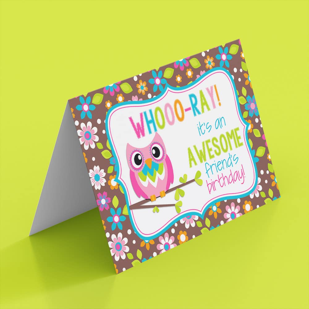 Whoo-Ray Owl Themed Birthday Pun Themed Single (1) All Occasion Blank Birthday Card To Send To Friends & Family, 4"x 6" (when folded) Fill In Greeting Note Card by AmandaCreation