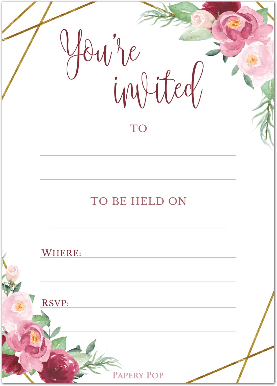 30 Invitations with Envelopes - Any Occasion - Bridal Shower, Wedding, Birthday, Graduation Party - Rose Gold