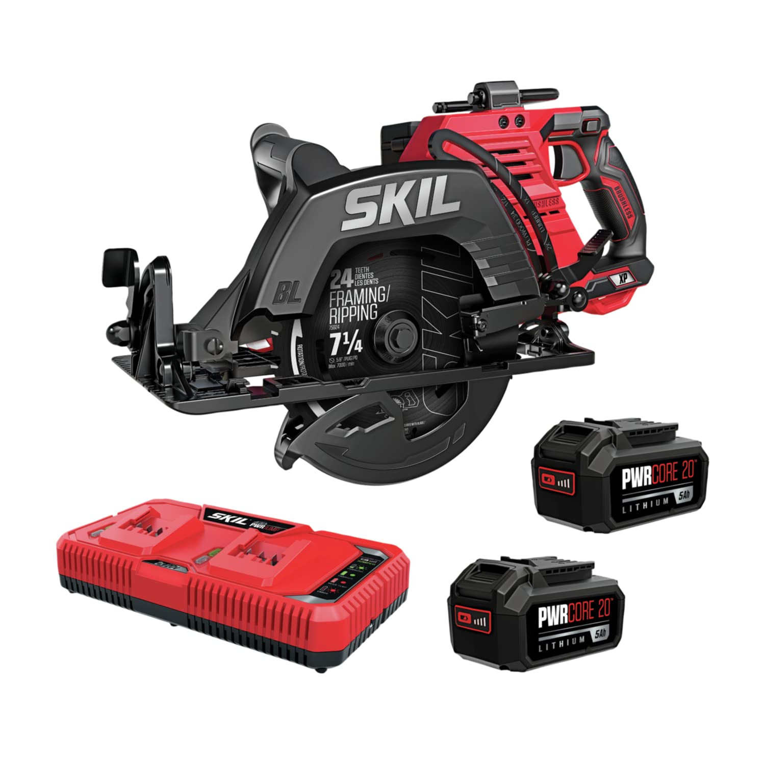 SKIL 2x20V PWR CORE 20 Brushless 7-1/4” Rear Handle Circular Saw Kit Includes Two 5.0Ah Batteries and Dual Port Auto PWR Jump Charger-CR5429B-20, Red