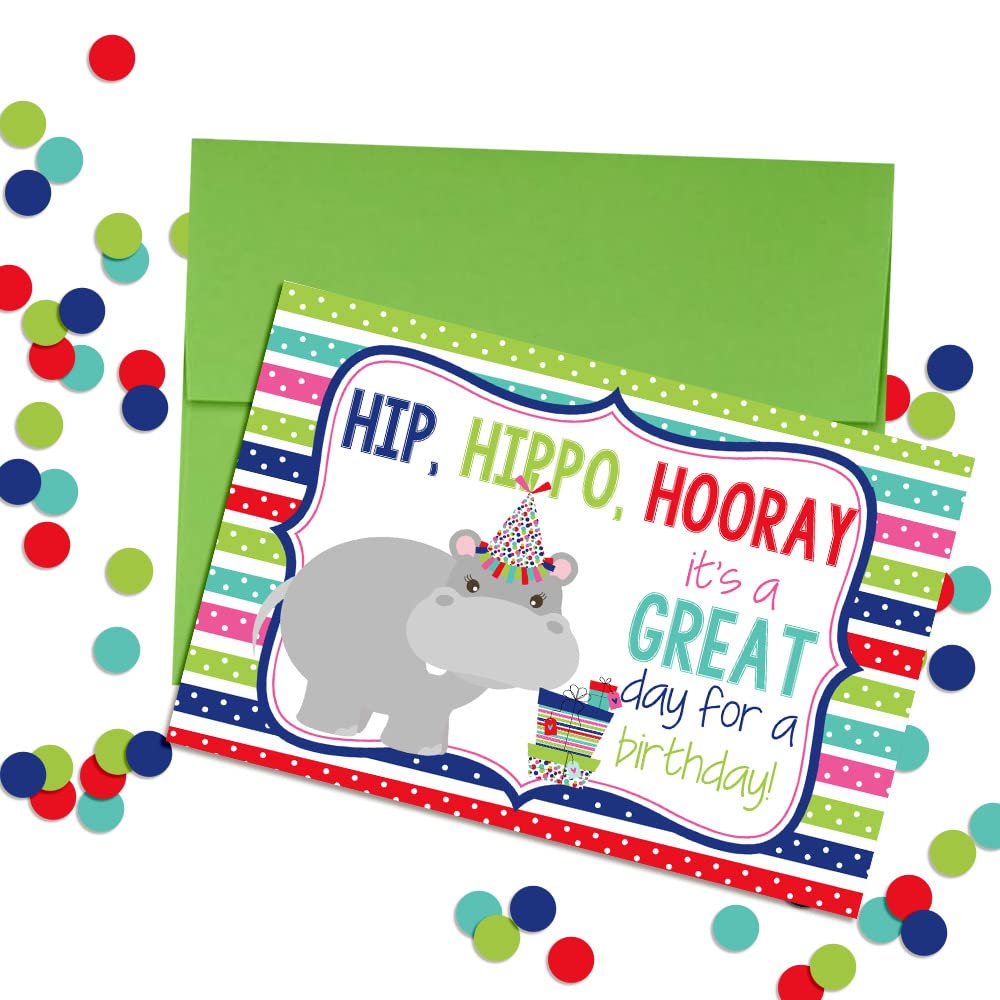 Hip HIPPO Hooray Birthday Pun Themed Single (1) All Occasion Blank Birthday Card To Send To Friends & Family, 4"x 6" (when folded) Fill In Greeting Note Card by AmandaCreation