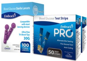 100ct embrace pro blood glucose test strips with 100ct 30g lancets