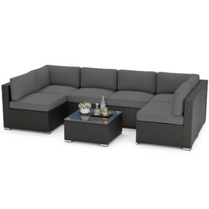 SOLAURA 7 Pieces Outdoor Patio Furniture Set, Black Brown Rattan Outdoor Patio Sectional Conversation Set, Modular Sofa Set with Coffee Table, Grey Cushion