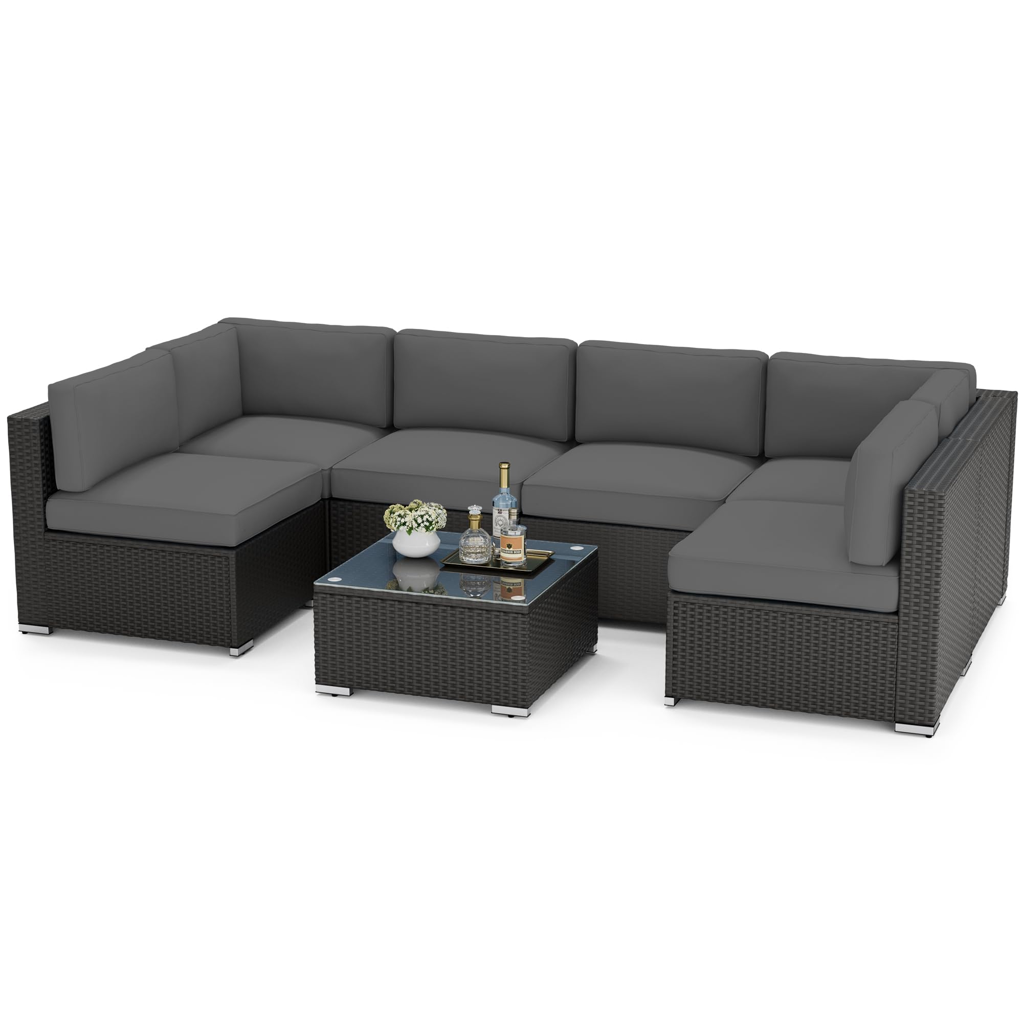 SOLAURA 7 Pieces Outdoor Patio Furniture Set, Black Brown Rattan Outdoor Patio Sectional Conversation Set, Modular Sofa Set with Coffee Table, Grey Cushion