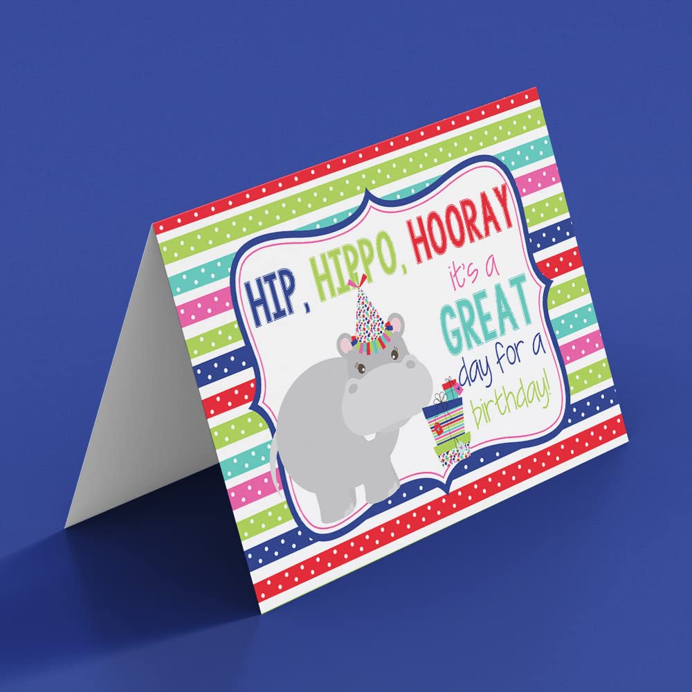 Hip HIPPO Hooray Birthday Pun Themed Single (1) All Occasion Blank Birthday Card To Send To Friends & Family, 4"x 6" (when folded) Fill In Greeting Note Card by AmandaCreation