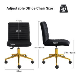 Furniliving Home Office Chair, Armless Vanity Chair with Wheels Swivel Velvet Computer Rolling Desk Chair with Back, Adjustable Accent Chair with Gold Metal Base Stool Chair,Black