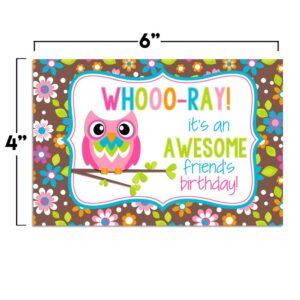 Whoo-Ray Owl Themed Birthday Pun Themed Single (1) All Occasion Blank Birthday Card To Send To Friends & Family, 4"x 6" (when folded) Fill In Greeting Note Card by AmandaCreation