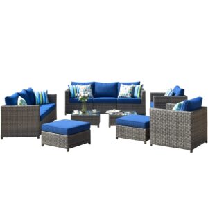 ovios patio furniture set, 12 pcs big size outdoor furniture set all weather rattan wicker sofa sectional set with glass table, garden, backyard, no assembly required (navy blue-grey)