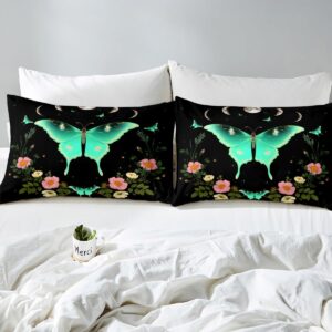 Moth Duvet Cover Set Queen,Moon Planet Starry Sky Galaxy Bedding 3pcs for Kids Teens Adult Room Decor,Gothic Butterfly Comforter Cover Floral Quilt Cover with 2 Pillowcases