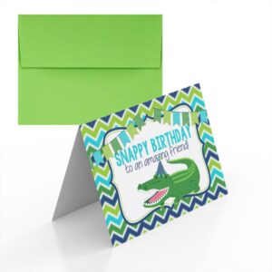 snappy birthday alligator themed birthday pun themed single (1) all occasion blank birthday card to send to friends & family, 4"x 6" (when folded) fill in greeting note card by amandacreation