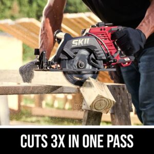 SKIL 2x20V PWR CORE 20 Brushless 7-1/4” Rear Handle Circular Saw Kit Includes Two 5.0Ah Batteries and Dual Port Auto PWR Jump Charger-CR5429B-20, Red