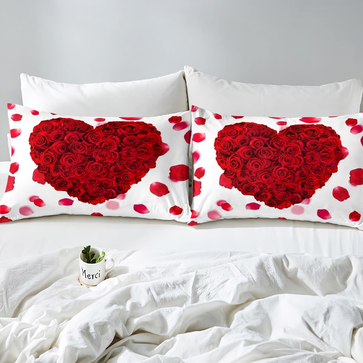 Red Heart Duvet Cover Set Queen Size,Rose Floral Petals Bedding Set 3pcs for Man Woman Adult Room Decor, Valentine's Day Gift Comforter Cover Wedding White Romantic Quilt Cover with 2 Pillowcases