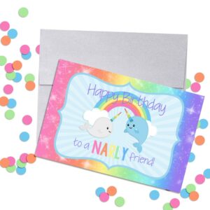 Magical Rainbow Narwhal Birthday Pun Themed Single (1) All Occasion Blank Birthday Card To Send To Friends & Family, 4"x 6" (when folded) Fill In Greeting Note Card by AmandaCreation