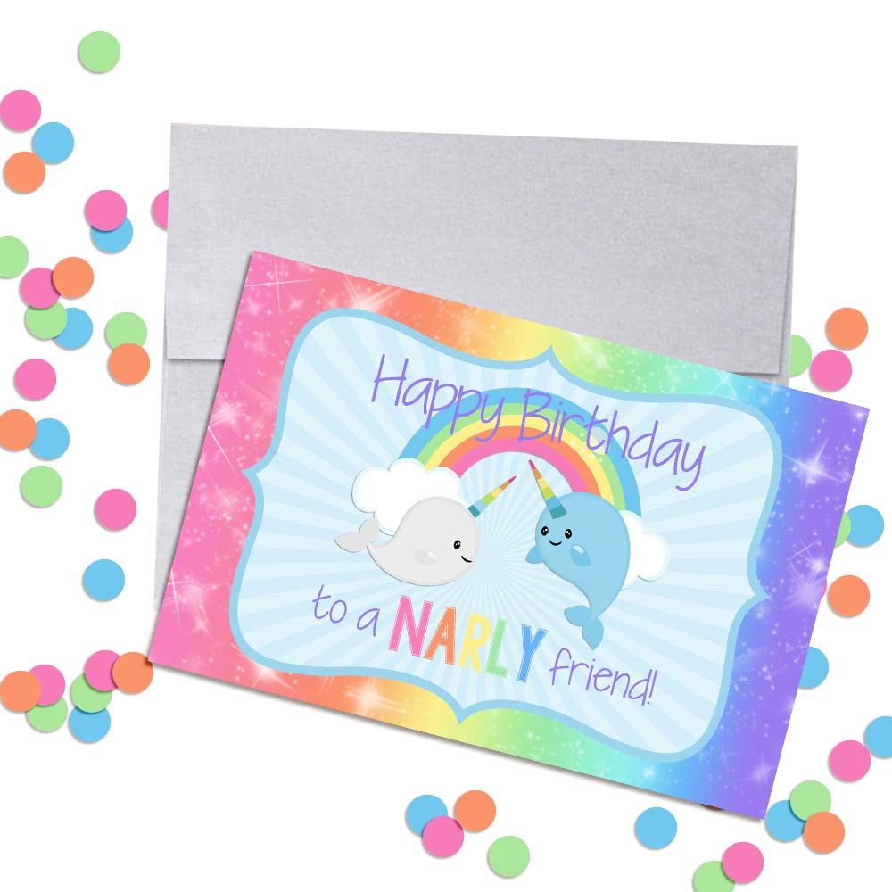 Magical Rainbow Narwhal Birthday Pun Themed Single (1) All Occasion Blank Birthday Card To Send To Friends & Family, 4"x 6" (when folded) Fill In Greeting Note Card by AmandaCreation