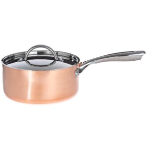 berghoff vintage tri-ply copper 8in saucepan 3qt. with matching lid, polished, long ergonomic shaped handle, 3-layer base, gold