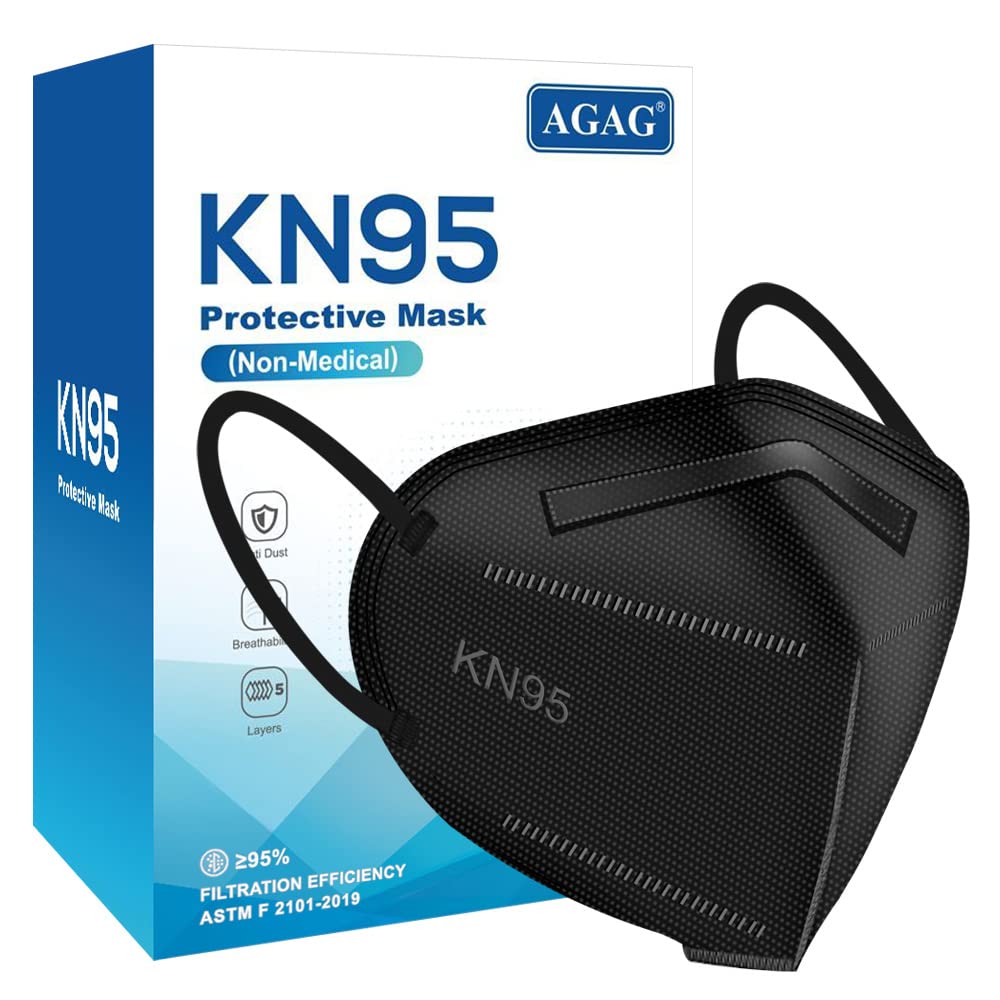 AGAG Black KN95 Masks 60 Pcs, 5 Ply 3D Cup Dust Mask, Individually Wrapped, Filter Over 95%, For All Ages, Home School and Outdoor (Black)