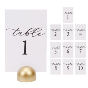 hanna roberts modern cursive table number card stock signs with round stand for wedding reception, restaurant, event party, 4" x 6" (set of 10, 1-10, gold)