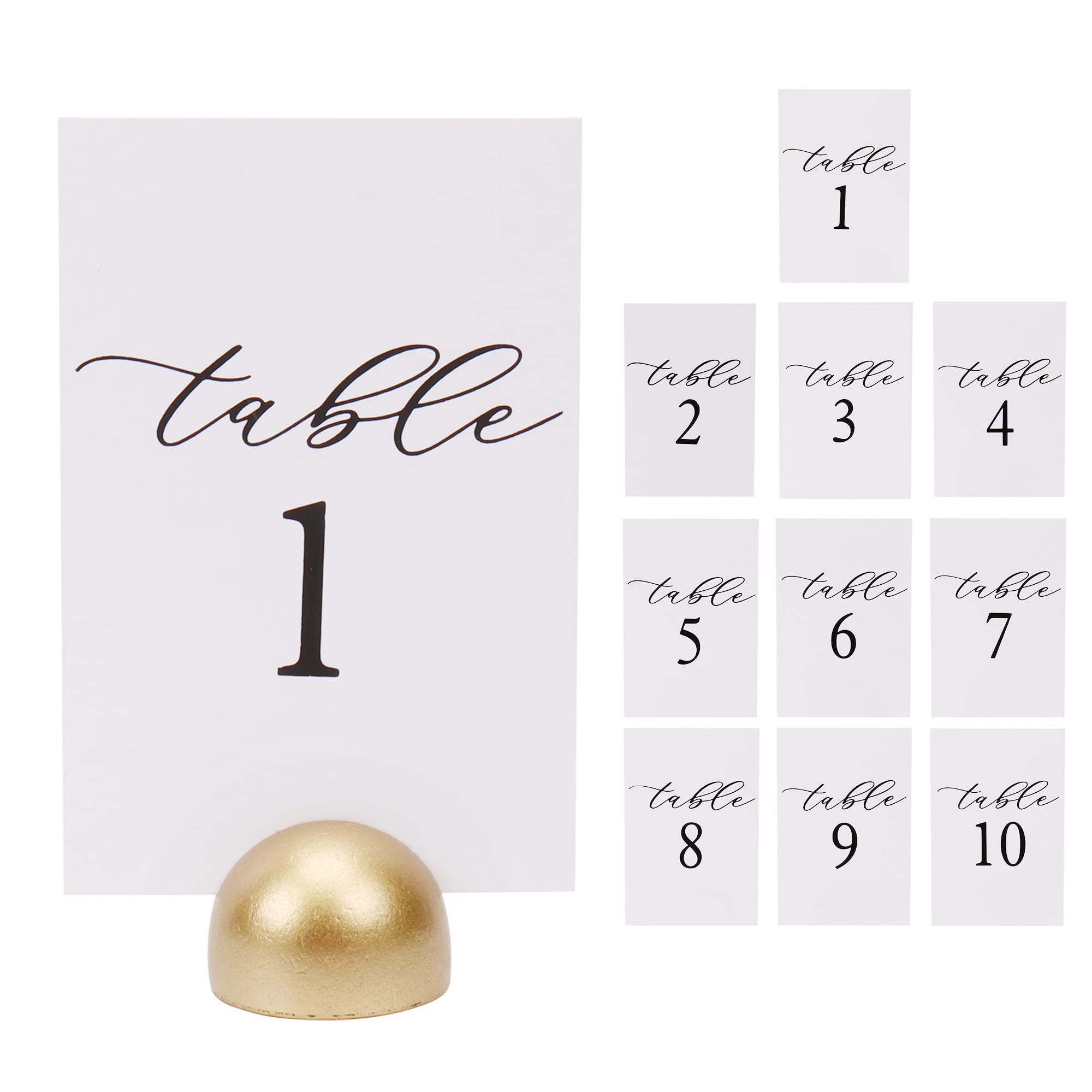 Hanna Roberts Modern Cursive Table Number Card Stock Signs with Round Stand for Wedding Reception, Restaurant, Event Party, 4" x 6" (Set of 10, 1-10, Gold)