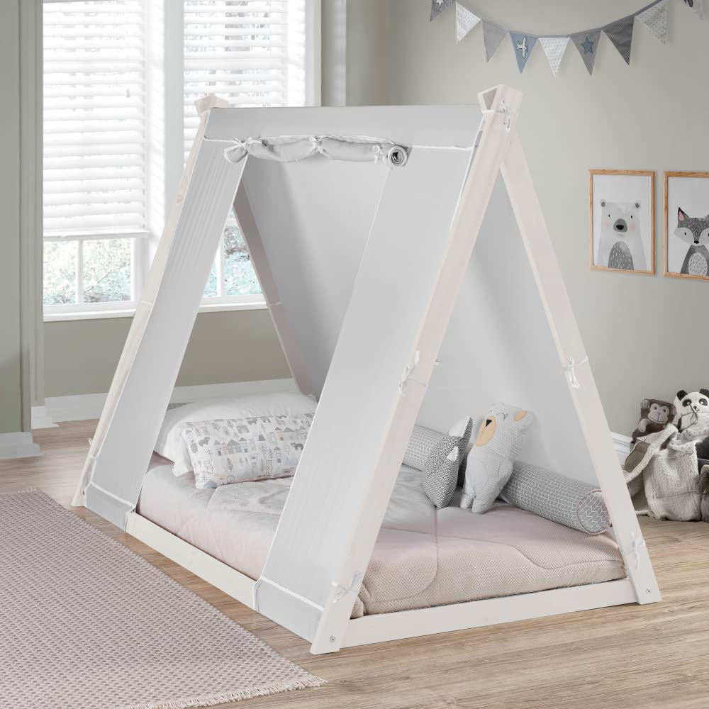 P'Kolino New Tent Twin Floor Bed - Natural or White Frame, Grey Tent, Children’s Bedroom Furniture … (White Frame)