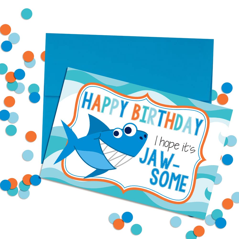 JAW-SOME Day Shark Themed Birthday Pun Themed Single (1) All Occasion Blank Birthday Card To Send To Friends & Family, 4"x 6" (when folded) Fill In Greeting Note Card by AmandaCreation