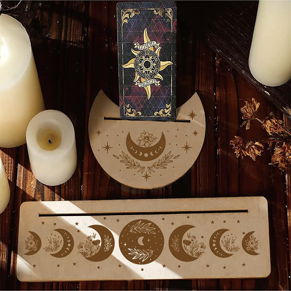 GORGECRAFT 2PCS Wooden Card Stand for Tarot 5" Moon Shape and 10" Rectangle Wood Tarot Cards Altar Stand Display Holder Witch Divination Tools Majic Ceremonial Wiccan Supplies(Moon Phase and Flower)