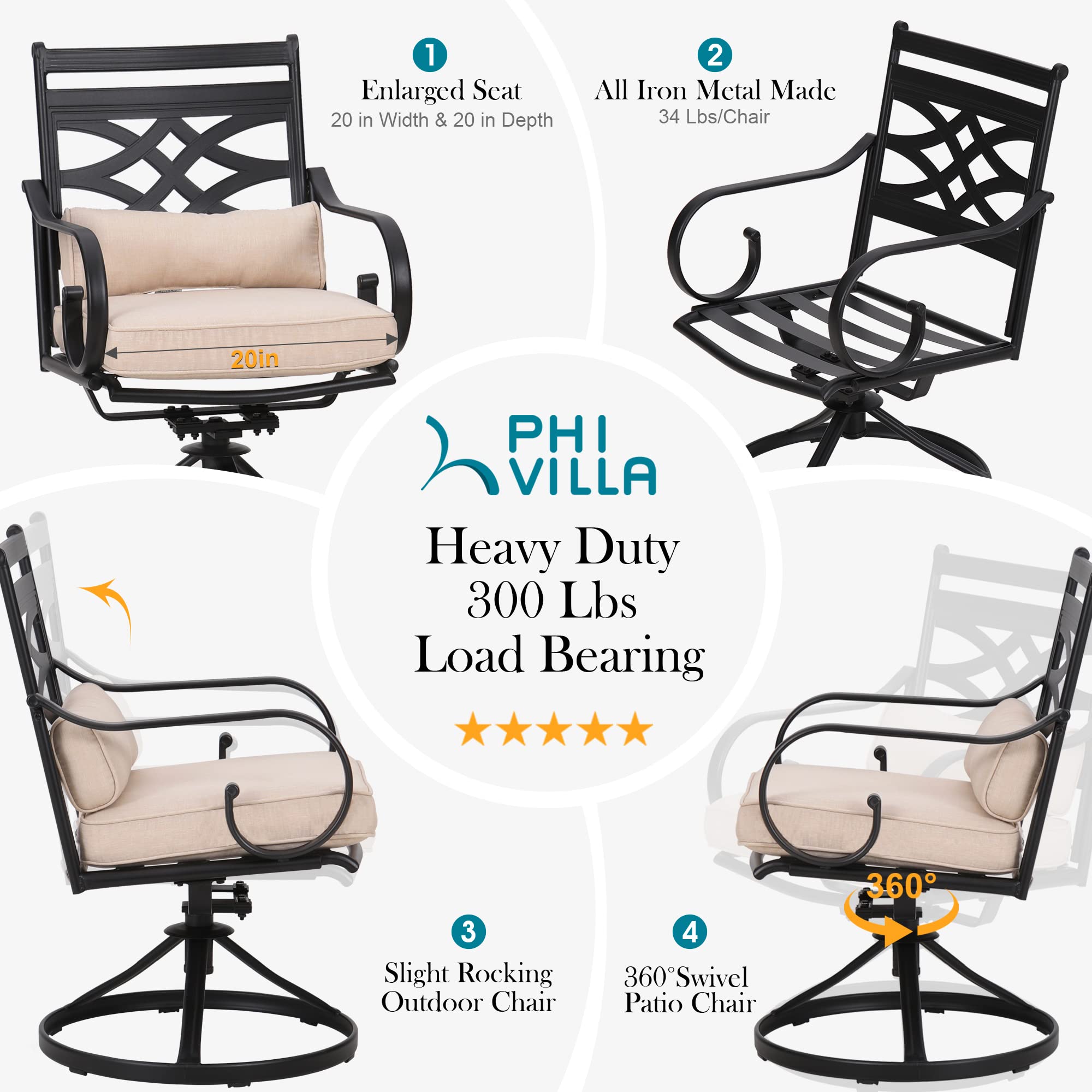 PHI VILLA 7 Pcs Patio Dining Sets,Outdoor Table Chair Set for 6 with Outdoor Swivel Chairs and Metal Frame Steel Rectangular Table,Outdoor Dining Furniture with Cushion and Pillow for Garden Lawn Deck