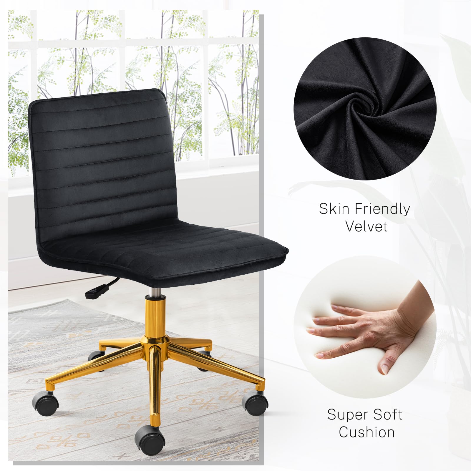 Furniliving Home Office Chair, Armless Vanity Chair with Wheels Swivel Velvet Computer Rolling Desk Chair with Back, Adjustable Accent Chair with Gold Metal Base Stool Chair,Black