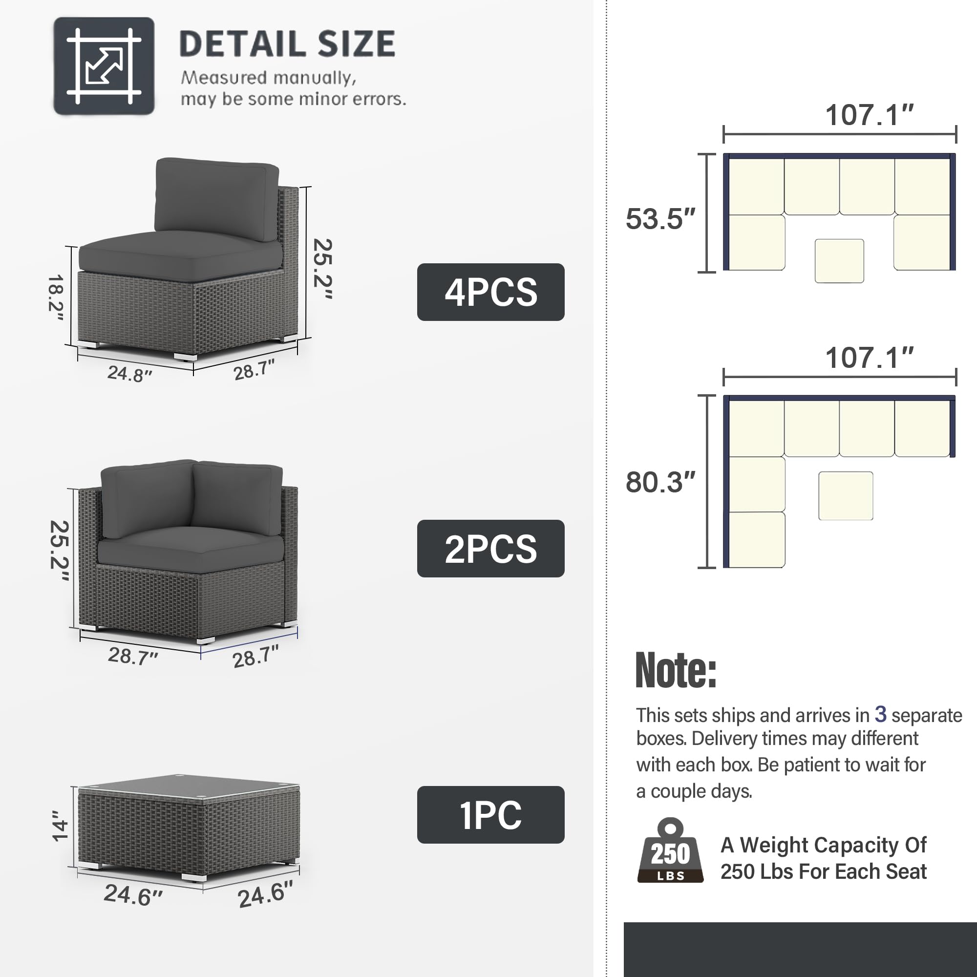 SOLAURA 7 Pieces Outdoor Patio Furniture Set, Black Brown Rattan Outdoor Patio Sectional Conversation Set, Modular Sofa Set with Coffee Table, Grey Cushion