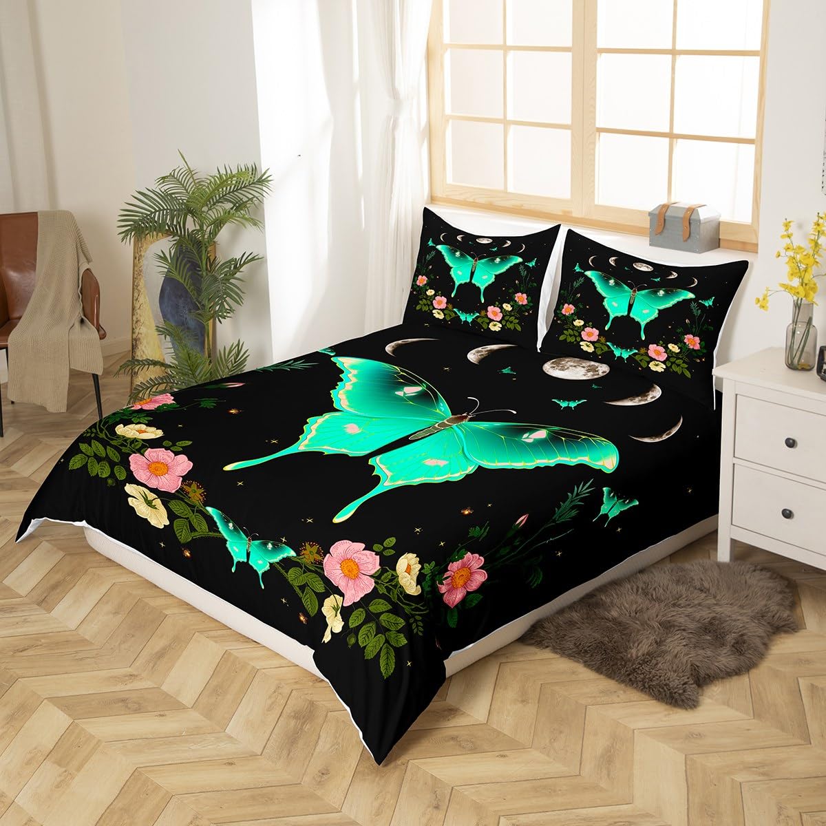 Moth Duvet Cover Set Queen,Moon Planet Starry Sky Galaxy Bedding 3pcs for Kids Teens Adult Room Decor,Gothic Butterfly Comforter Cover Floral Quilt Cover with 2 Pillowcases