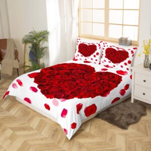 Red Heart Duvet Cover Set Queen Size,Rose Floral Petals Bedding Set 3pcs for Man Woman Adult Room Decor, Valentine's Day Gift Comforter Cover Wedding White Romantic Quilt Cover with 2 Pillowcases