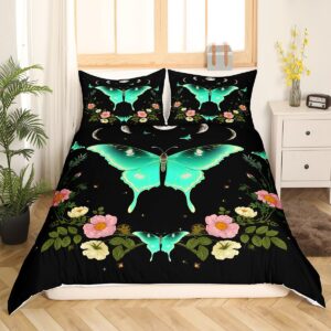 Moth Duvet Cover Set Queen,Moon Planet Starry Sky Galaxy Bedding 3pcs for Kids Teens Adult Room Decor,Gothic Butterfly Comforter Cover Floral Quilt Cover with 2 Pillowcases