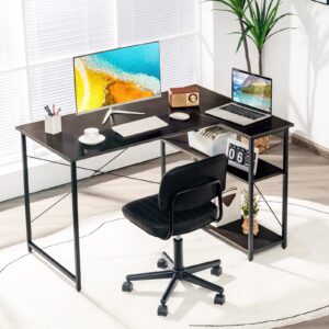 Tangkula L-Shaped Computer Desk with Reversible Shelves, 48 Inch Corner Computer Desk, Modern Writing Study Desk Home Office Workstation, Space Saving Design (48 Inch, Brown)