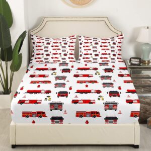 Erosebridal Fire Truck Sheet Set Twin for Boys Teens Girls Firemen Car Vehicle Flat Sheet Kids Youth Firefighter Truck Fitted Sheet Red Fire Fighting Supplies Print Bed Sheet Set with 1 Pillowcase