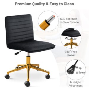 Furniliving Home Office Chair, Armless Vanity Chair with Wheels Swivel Velvet Computer Rolling Desk Chair with Back, Adjustable Accent Chair with Gold Metal Base Stool Chair,Black