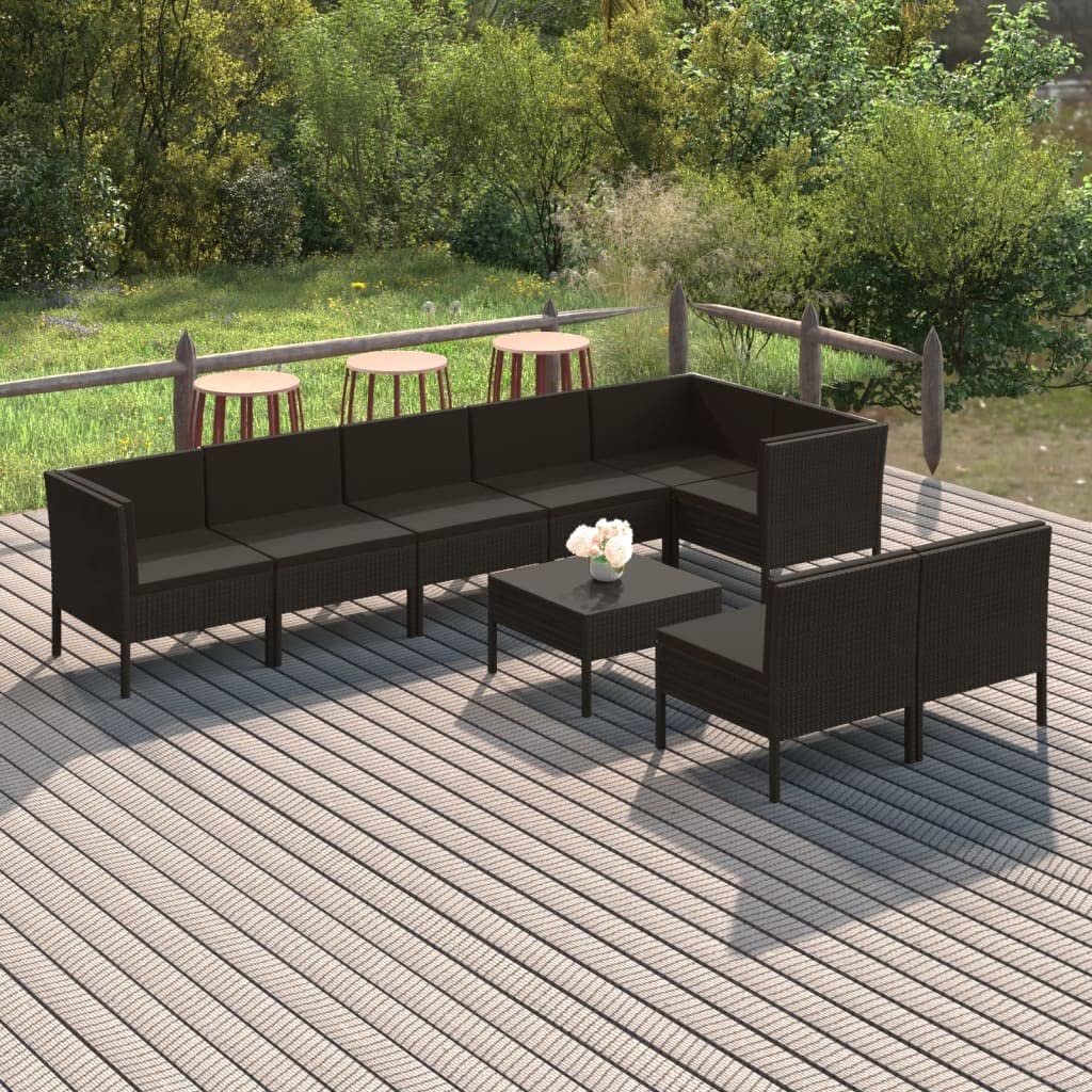 vidaXL Patio Lounge Set 9 Piece with Cushions Garden Outdoor Yard Terrace Backyard Balcony Sofa Lounging Furniture Poly Rattan Black