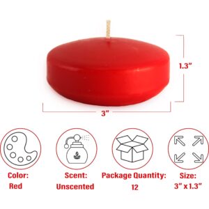 CandleNScent Unscented Floating Candles | Large 3 Inch - Fits in 3 Inch Vase and Above | Red | Floats On Water | Pack of 12