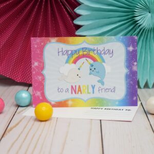 Magical Rainbow Narwhal Birthday Pun Themed Single (1) All Occasion Blank Birthday Card To Send To Friends & Family, 4"x 6" (when folded) Fill In Greeting Note Card by AmandaCreation