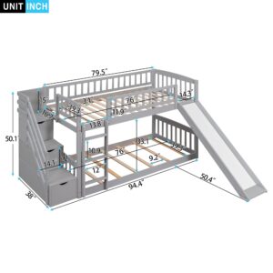 Harper & Bright Designs Kids Bunk Bed Twin Over Twin, Wooden Bunk Bed with Slide and Guardrail, Floor Bunk Bed with Stairway/Two Drawers/Handrail, Space-Saving Bedroom Dormitory Furniture (Gray)