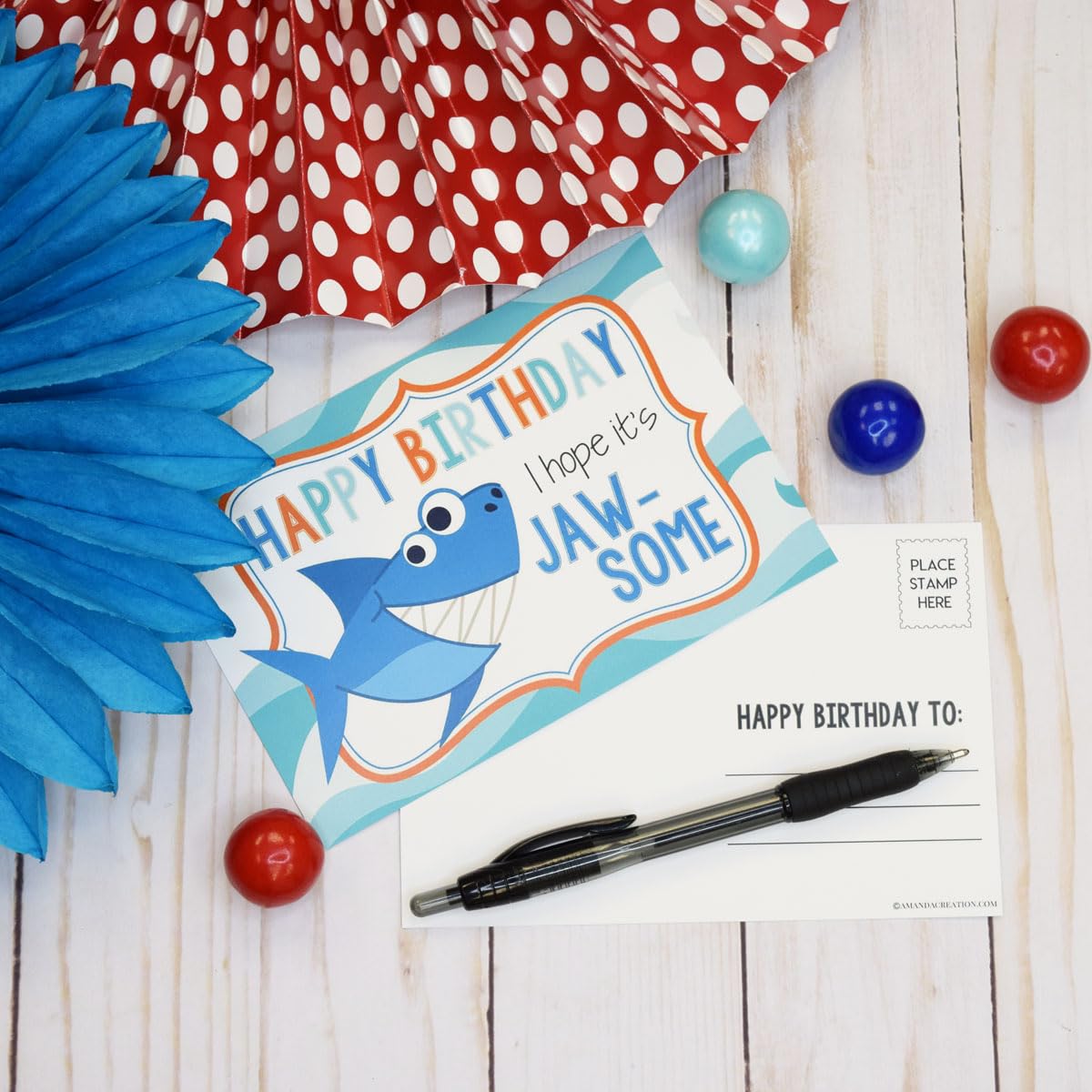 JAW-SOME Day Shark Themed Birthday Pun Themed Single (1) All Occasion Blank Birthday Card To Send To Friends & Family, 4"x 6" (when folded) Fill In Greeting Note Card by AmandaCreation