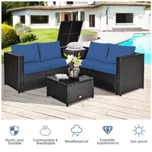 DORTALA 4-Piece Outdoor Patio Furniture Set, Weather Resistant PE Rattan Conversation Set with 2 Loveseats, Outdoor Sectional Sofa Set with Comfy Cushions for Garden and Poolside, Navy