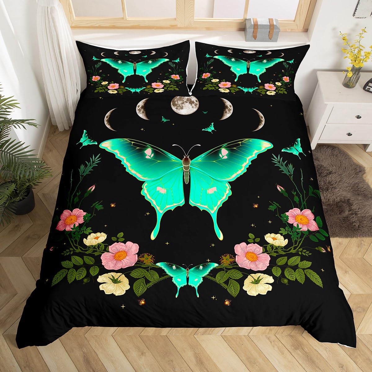 Moth Duvet Cover Set Queen,Moon Planet Starry Sky Galaxy Bedding 3pcs for Kids Teens Adult Room Decor,Gothic Butterfly Comforter Cover Floral Quilt Cover with 2 Pillowcases