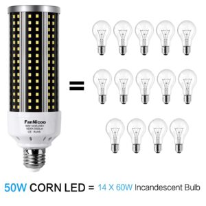 2 Pack LED Corn Light Bulb 500W Equivalent 5000 Lumen 6500k 50W Large Area Cool Daylight White Corn Bulb for Outdoor Indoor Garage Warehouse Factory Backyard