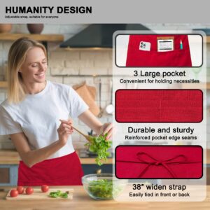 PLOYMONO Waist Apron with 3 Pockets, 3 Pack Polyester Half Server Apron for Women&Men, Half-length Short Apron Long Waist Strap for Restaurant Servers, Bartenders, Hosts (24”L x 12”W) Red