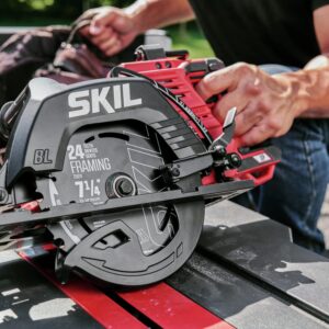 SKIL 2x20V PWR CORE 20 Brushless 7-1/4” Rear Handle Circular Saw Kit Includes Two 5.0Ah Batteries and Dual Port Auto PWR Jump Charger-CR5429B-20, Red